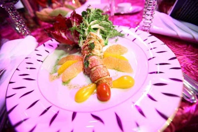 For the first course, Centerplate created a mosaic of lobster with radicchio, frisée and ruby grapefruit, and orange filets served with chervil oil citrus dressing.