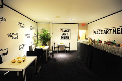 Bruce originally designed a second room off the lobby as a take on Warhol's studio, using tinfoil to cover exposed walls and ceilings. However, the hotel built out the walls of the space, so the designer employed black masking tape for a tongue-in-cheek look.