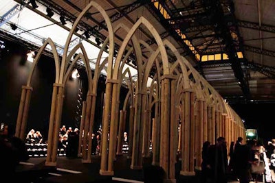 For Nicola Formichetti's debut as Mugler's creative director on March 2, three rows of Gothic cathedrallike arches framed the elevated runway at Gymnase Japy. Models, including the fashion house's new musical director, Lady Gaga, walked through the central archway.