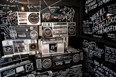 Graffiti-strewn radios made up the decor in the TDK Boombox Museum.