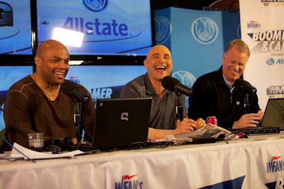 For the launch of the bracket lounge, Turner brought in WFAN radio hosts Boomer Esiason and Craig Carton to broadcast their 'Boomer & Carton in the Morning' show live from the site. TNT's studio analyst and former N.B.A. great Charles Barkley (pictured left) joined Esiason (center) and Carton (right) during the broadcast.