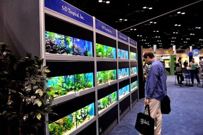 The Aquatics Lounge included a six-sided display of tanks filled with fish from various exhibitors.