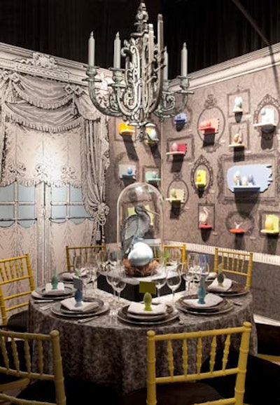 David Stark's installation for Benjamin Moore had an aviary theme, to play off the paint manufacturer's latest Twitter promotion. Among many trompe l'oeil details, the space had two faux chandeliers that looked hand-drawn.