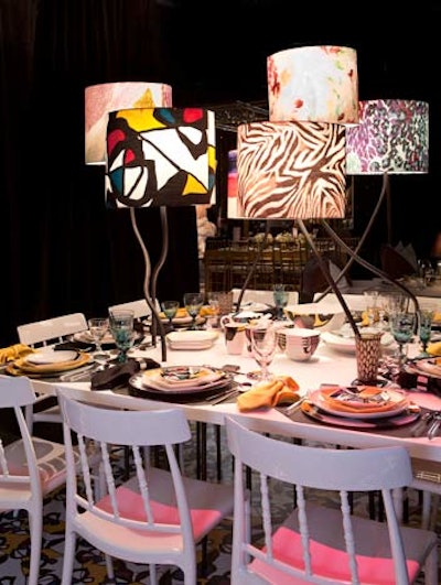 Diane von Furstenberg's table, which showcased her new line of housewares, had a quirky centerpiece of curving lamps in the designer's signature colorful patterns.