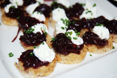 Another passed hors d'oeuvre was goat cheese and port wine shallot confit on walnut toast.