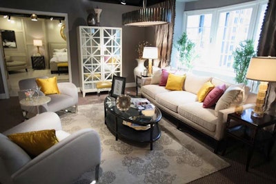 Lorna Gross of Savant Interior Design turned to canary and white diamond drop earrings from Pampillonia Jewelers to serve as a muse for her elegant club room, using saffron accent pillows, gray woven sisal flooring, and damask panels.