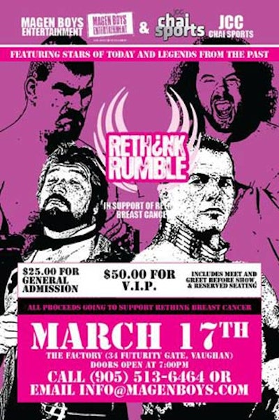Promotional material for the event recreated retro wrestling posters, using Rethink Breast Cancer's signature pink.