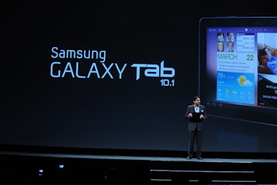 Samsung executives announced the new products on a large stage backed by a 20- by 50-foot screen.