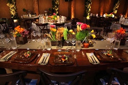 Dinner tables alternated between long and round.