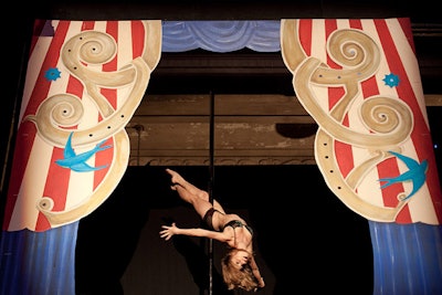 Artist Dawn Hunt painted the facade of the performance cubes to look like circus curtains.