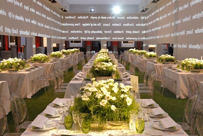 As the March 21 affair also celebrated the first day of spring, table decorations consisted of grass and Perrier-Jouët's signature anemone flower. Lucite chairs allowed the flowers to be the center of attention, while the artificial grass covering the floor reinforced the aesthetic.