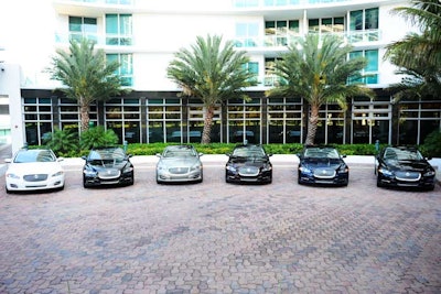 A lineup of the 2011 Jaguar XJ vehicles in the One Bal Harbour Resort & Spa's porte cochere, the starting point for the driving experience.