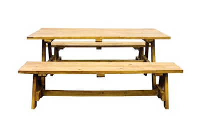 Collapsible oak/white picnic table and bench, pricing upon request, available in New York from Party Rental Ltd.