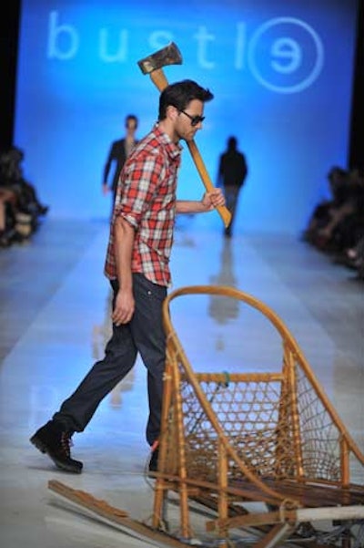 The rugged menswear look continued during the Bustle show, when the main runway was awash with dogsleds, axes, and plaid.