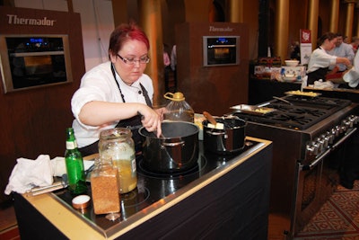 Two chefs prepared tortellini with shrimp and artichoke throughout the night in the Thermador kitchen.