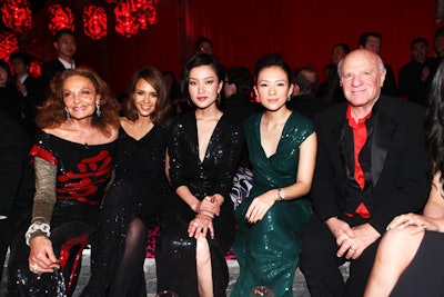 Symbolic of the mix of Eastern and Western cultures, the guest list for the black-tie affair included the designer, who wore a custom sequined dress that bore the Chinese character for love; Jessica Alba; model Du Juan; actress Zhang Ziyi; and von Furstenberg's husband, Barry Diller (left to right).