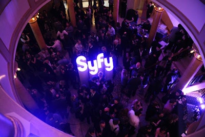 LeadDog Marketing Group helped produce Syfy's event, which included building a three-dimensional sculpture of the network's logo from Plexiglas and Lucite. In the theater's main lobby and extending up toward the mezzanine, the sculpture was illuminated from within using LED lights.