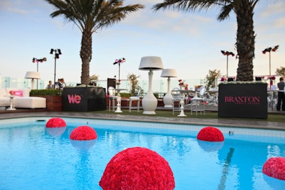 Foam spheres 60 percent covered in flowers were attached to weights at the bottom of the pool.