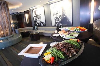 Art and Soul set up multiple food stations throughout the restaurant and hotel lobby, with heavy hors d'oeuvres like grilled vegetables, sushi, and cheese and fruit trays.
