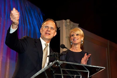 JetBlue Airways president and C.E.O. Dave Barger took to the stage during the gala to announce the winners of the round-trip tickets. Barger, who also sits on Pencil's board of directors, was accompanied by the nonprofit's founder, Lisa Belzberg.