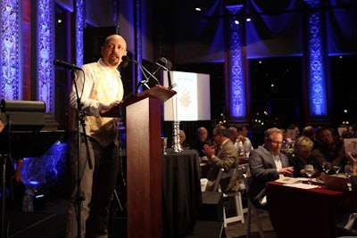 Event founder Michael Dorf wore a vest printed with images of matzo.