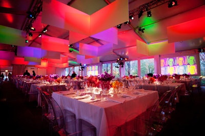 Playing off Silvio's graphic, event designer Bill Heffernan suspended a grid of colorful, illuminated panels from the ceiling of the tent.