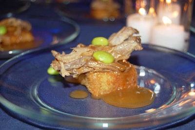 Braised pork shoulder on a risotto rice cake topped with soy beans was one of the signature V.I.P. dishes from spotlight state Arkansas.