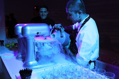 To match the futuristic look of the Lexus event, caterer Creative Edge served a liquid nitrogen cocktail of vanilla Absolut with tangerine and a vanilla kumquat marmalade, alongside passion fruit meringues dipped in a bowl of nitrogen.