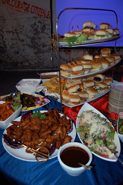 Nellie's Sports Bar served five kinds of sliders, like chicken salad and meat loaf and bacon, as well as sweet potato fries, salad, and fried chicken wings.