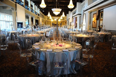 Around the Table swathed tables in silvery fabric.