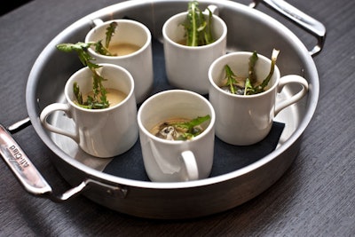 The evening's menu included artichoke soup with fresh oysters and dandelion.