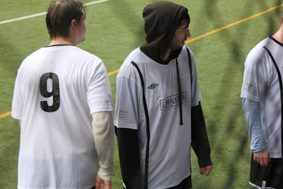 Players for the soccer tournament's five-on-five matches included employees from film and entertainment companies such as Focus Features, The Colbert Report, and Creative Artists Agency. All teams had their own custom shirts.