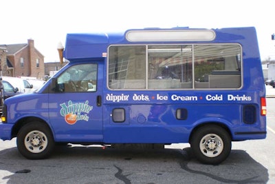 Dippin' Dots ice cream truck serves the brand's signature frozen dessert as well as milkshakes, frappes, floats, and soft serve in chocolate, vanilla, and swirl cones.