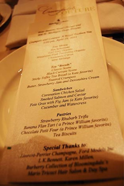 The specialty menu called out items rumored to be favorite foods of Kate Middleton and Prince William.