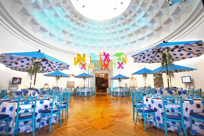 Blue polka-dot umbrellas and linens decorated the gallery at the second-floor landing.
