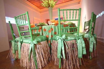 Grass skirts adorned the chairs and leis sat at each place setting in the Hawaiian-themed room.