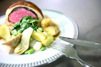 The main course consisted of a loin of Angus beef encrusted with spring herbs and accompanied by fingerling potatoes and spring vegetables.