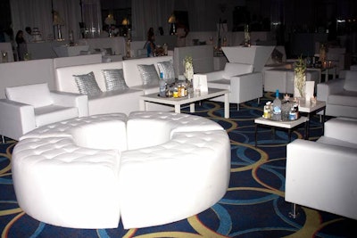 For the Friday night party, Blooming Design & Events provided a mix of high- and low-back white lounge furniture set up in 12 pods to create a clublike atmosphere.