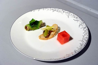 The first course of salt-cured foie gras, ostrich tartare, and a watermelon cube was served in complete darkness to heighten diners' sense of taste.