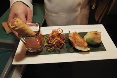 The menu included a dim sum sampler of shrimp dumplings, beef gyoza, and chicken spring rolls.