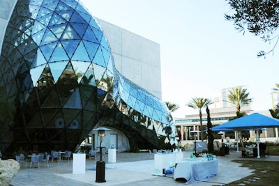 The patio outside the new Dali Museum in St. Petersburg is next to the building's 'Glass Enigma' artistic window, with views of Tampa Bay.