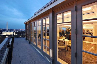 The renovated Top of the Hay rooftop at the Hay Adams Hotel has five separate spaces with views of the White House that can accommodate groups of 15 to 300.