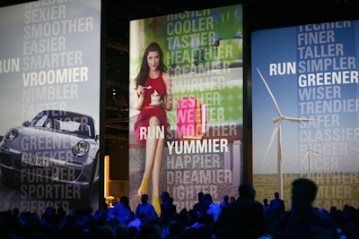 Working with its advertising agency, Ogilvy and Mather, SAP recreated images from its recent ad campaign into 20- by 30-foot hanging banners that lined the outside of the keynote theater. Each banner showed a SAP client, such as Porsche or Pinkberry frozen yogurt.