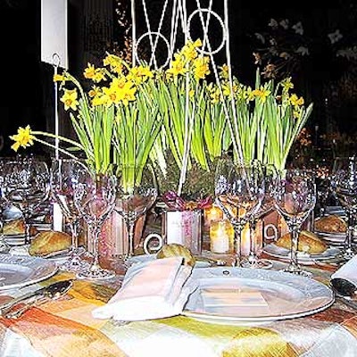 The daffodils were places on plaid tablecloths in spring colors.