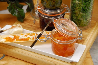 Spicy marmalade made with local citrus and habaneros, locally made blue and goat cheese, and flatbread and grissini baked in-house from A Joy Wallace Catering and Event Production in Miami