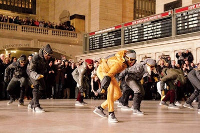 During New York Fashion Week, Brussels-based Villa Eugenie created a flash-mob-style show for Moncler Grenoble at Grand Central Terminal, where dancers performed in the label’s clothes.