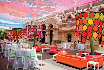 Bright money tree decor pieces brought color to Warner Brothers for L.A. Screenings.