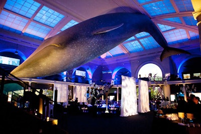 The Milstein Hall of Ocean Life served as the site for the after-party, which Shiraz Events decorated with a black, white, and purple color scheme.