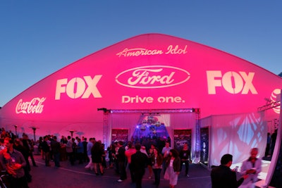Fox's American Idol finale party took to a sprawling tent on the Event Deck at L.A. Live, lit up with logo gobos.