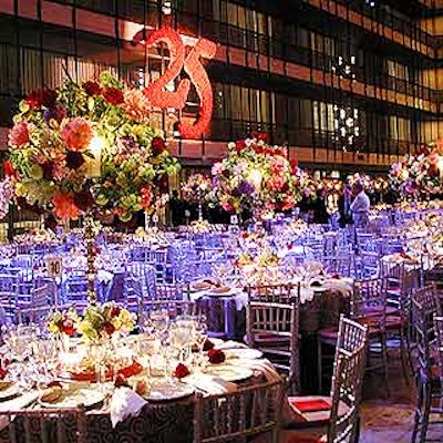 For Live at Lincoln Center's 25th anniversary celebration at the New York State Theater, Matthew David Events provided flowery, luxe decor for the dining area on the theater's promenade.